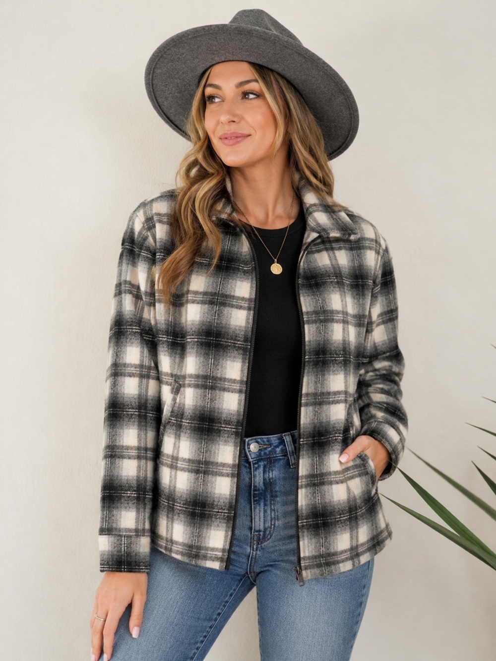 Stillwater Supply Co Plaid Wool Blend Zip Jacket Gray White M